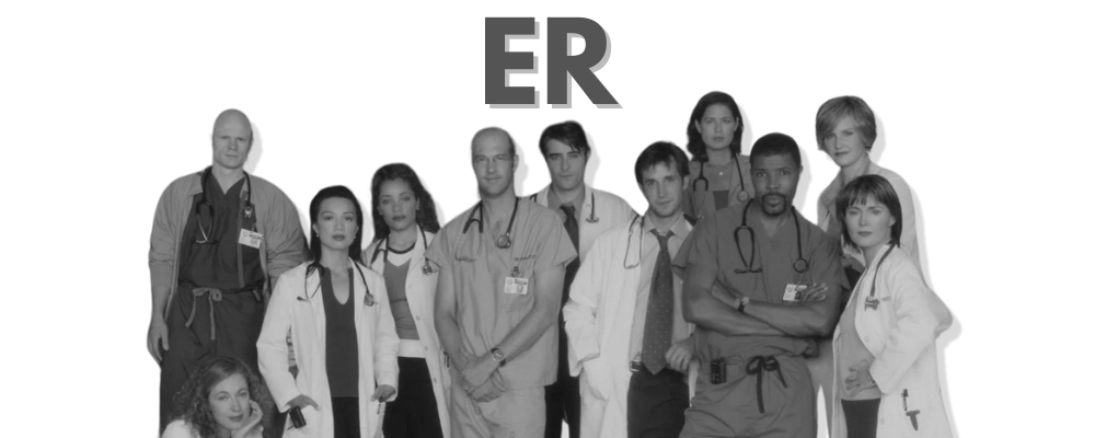 text saying ER. Beneath, a black and white photo of the cast.